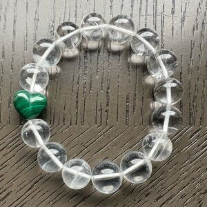 Clear quartz with malachite heart bracelet 12mm SIZE 6.5’
